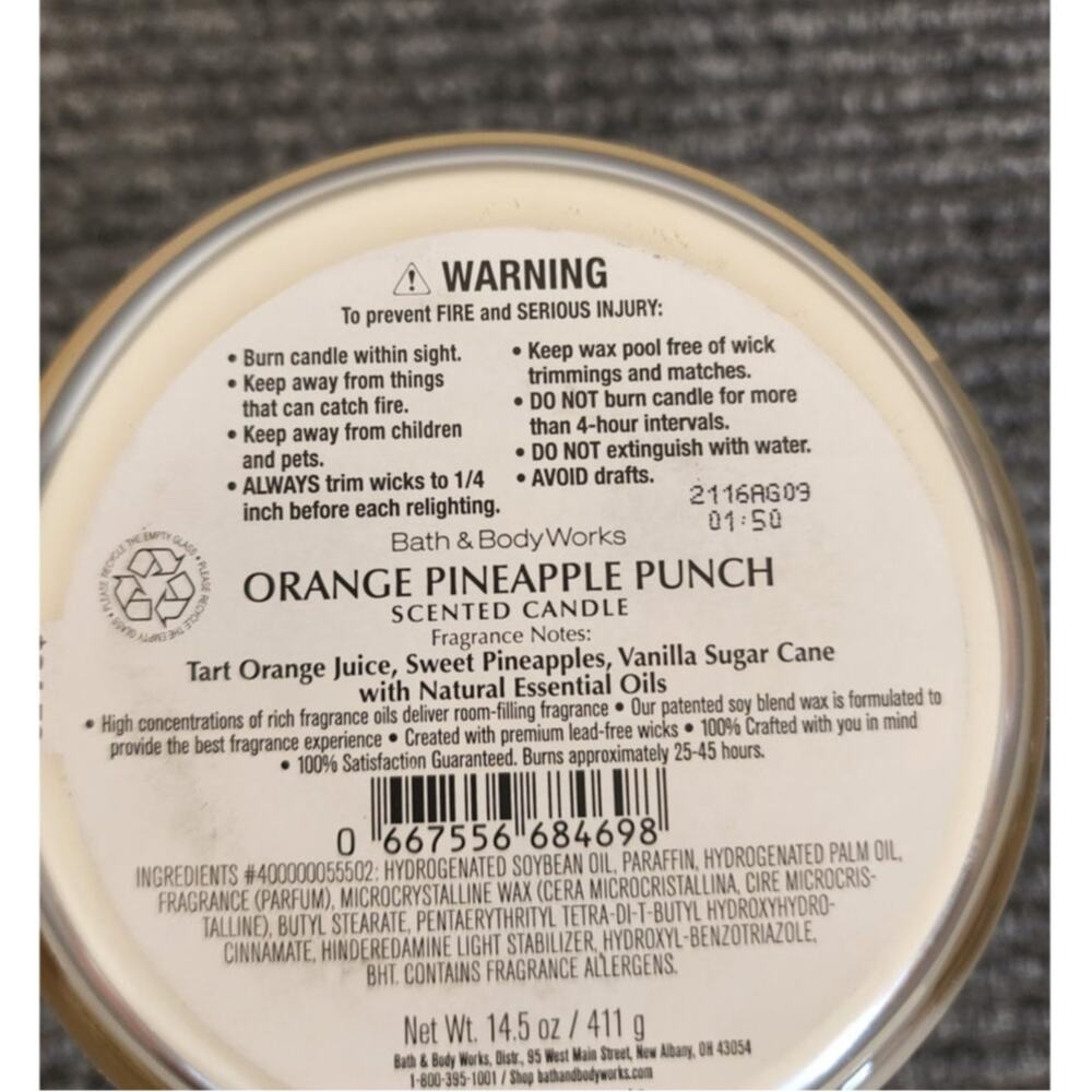 Bath & Body Works Orange Pineapple Punch 3 Wick Scented Candle 14.5oz - Picture 2 of 3